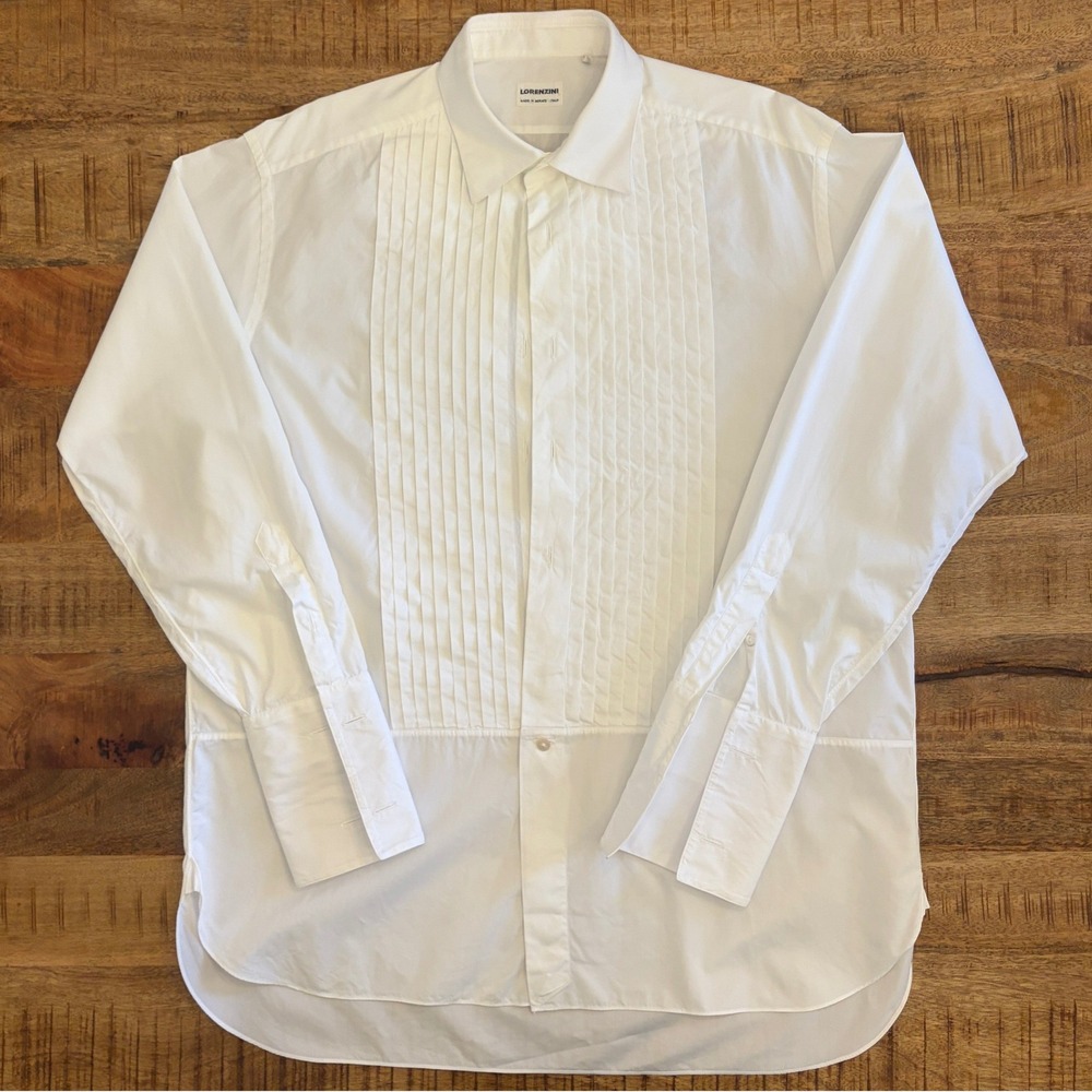 Lorenzini Tuxedo Shirt Men 16.5 42 Italy Made Pleated Bib Stud French Cuff White